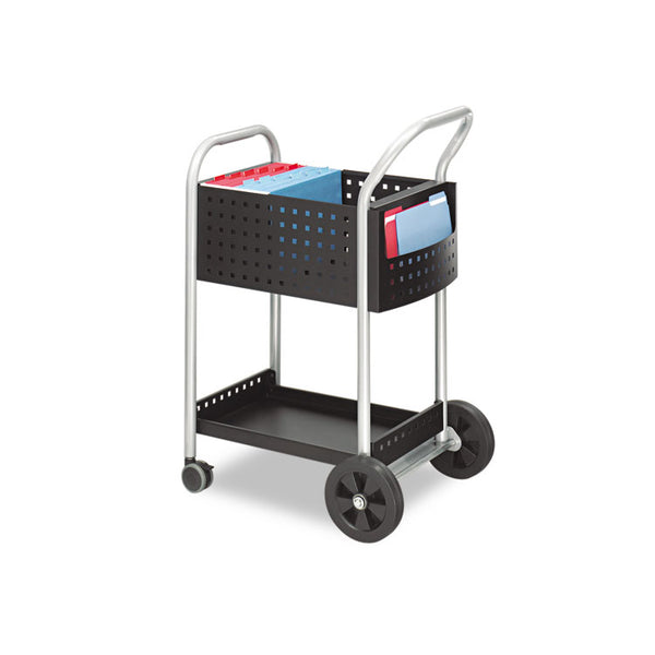 Safco® Scoot Dual-Purpose Mail and Filing Cart, Metal, 1 Shelf, 2 Bins, 22" x 27" x 40.5", Black/Silver (SAF5238BL) Each