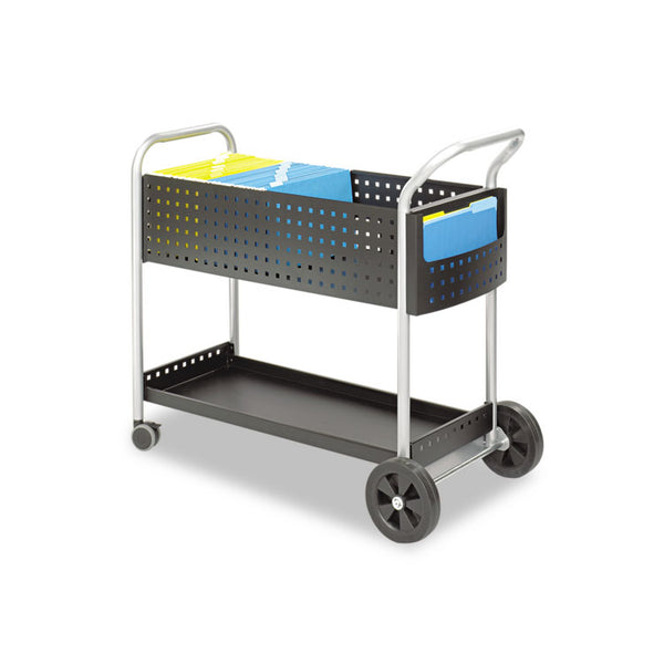 Safco® Scoot Dual-Purpose Mail and Filing Cart, Metal, 1 Shelf, 2 Bins, 22.5" x 39.5" x 40.75", Black/Silver (SAF5239BL) Each