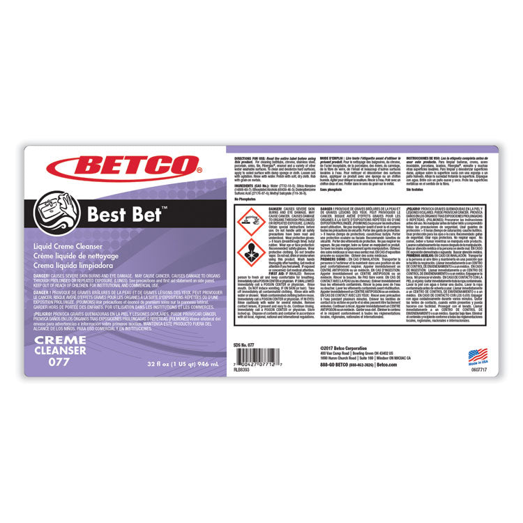 Betco® Best Bet Liquid Creme Cleanser, Mint, 32 oz Bottle, 12/Carton (BET771200)