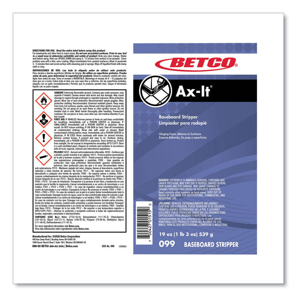 Betco® Ax-It Aerosol Baseboard Stripper, Sassafras Scent, 19 oz Aerosol Spray, 12/Carton (BET0992300CT) Case of 12