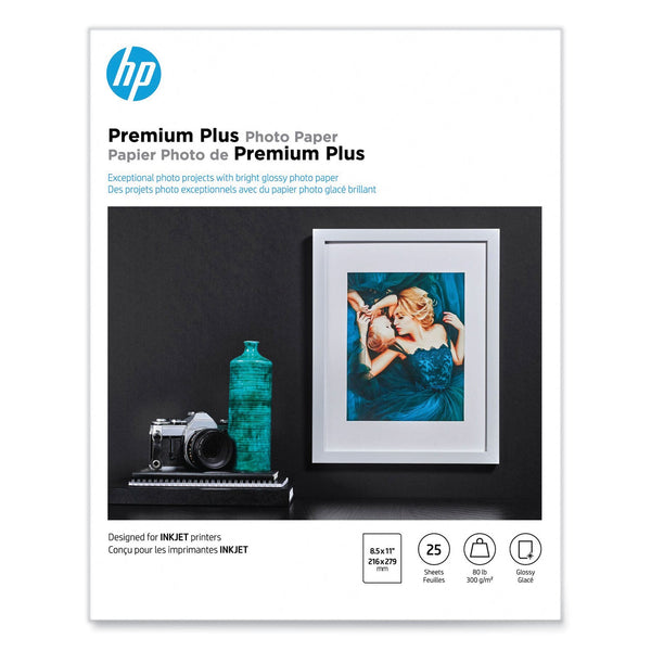 HP Premium Plus Photo Paper, 11.5 mil, 8.5 x 11, Glossy White, 25/Pack (HEWCR670A)