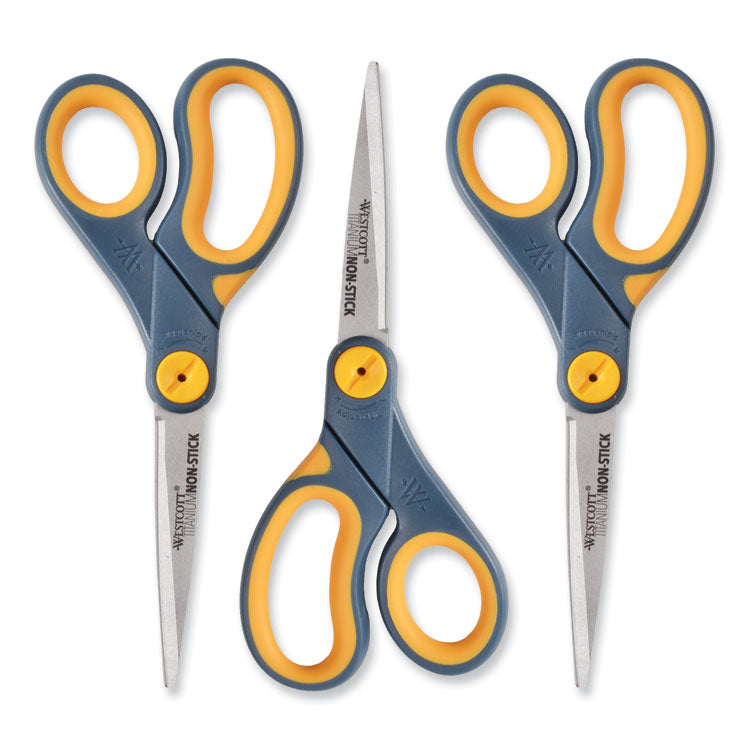 Westcott® Non-Stick Titanium Bonded Scissors, 8" Long, 3.25" Cut Length, Gray/Yellow Straight Handles, 3/Pack (ACM15454) Pack of 3