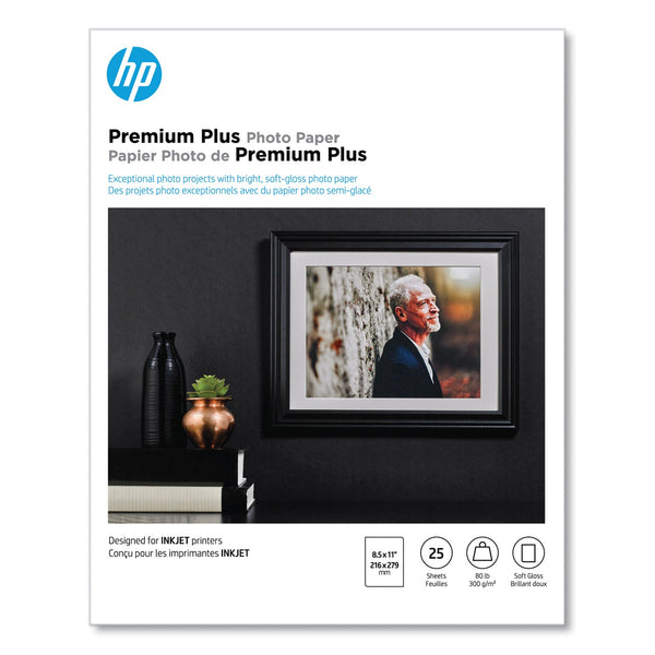 HP Premium Plus Photo Paper, 11.5 mil, 8.5 x 11, Soft-Gloss White, 25/Pack (HEWCR671A)