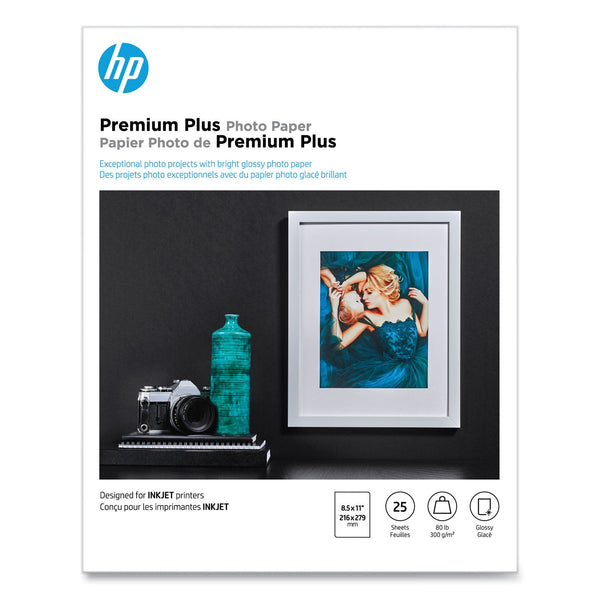 HP Premium Plus Photo Paper, 11.5 mil, 8.5 x 11, Glossy White, 25/Pack (HEWCR670A)