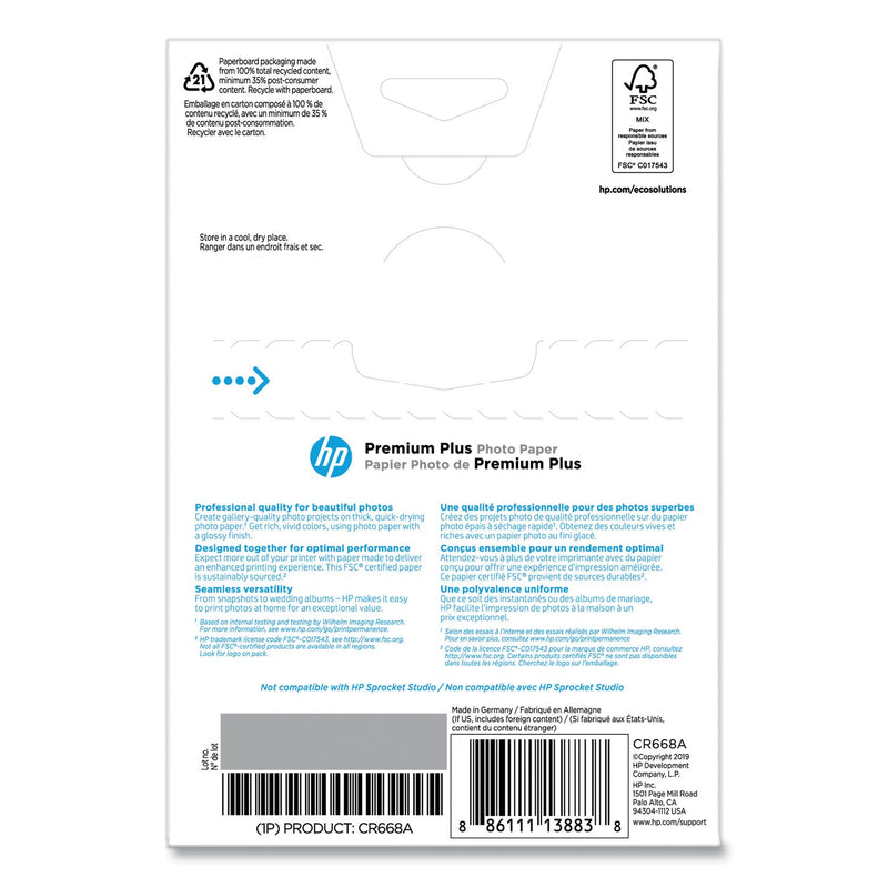 HP Premium Plus Photo Paper, 11.5 mil, 4 x 6, Glossy White, 100/Pack (HEWCR668A)