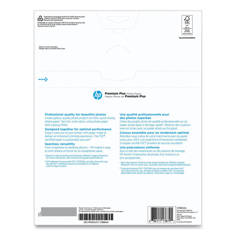 HP Premium Plus Photo Paper, 11.5 mil, 8.5 x 11, Glossy White, 50/Pack (HEWCR664A)