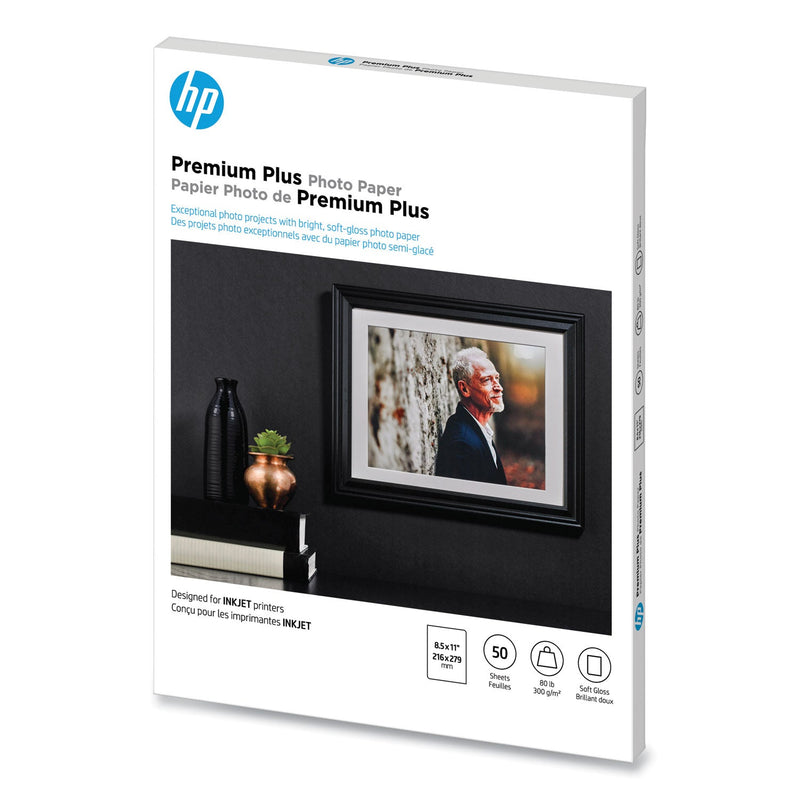 HP Premium Plus Photo Paper, 11.5 mil, 8.5 x 11, Soft-Gloss White, 50/Pack (HEWCR667A)