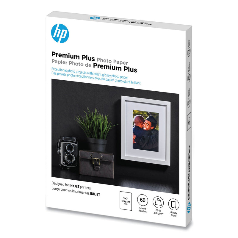 HP Premium Plus Photo Paper, 11.5 mil, 5 x 7, Glossy White, 60/Pack (HEWCR669A)