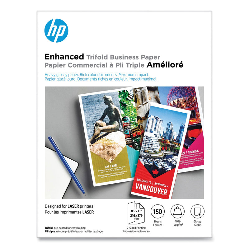 HP Laser Glossy Tri-Fold Brochure Paper, 97 Bright, 40 lb Bond Weight, 8.5 x 11, White, 150/Pack (HEWQ6612A)