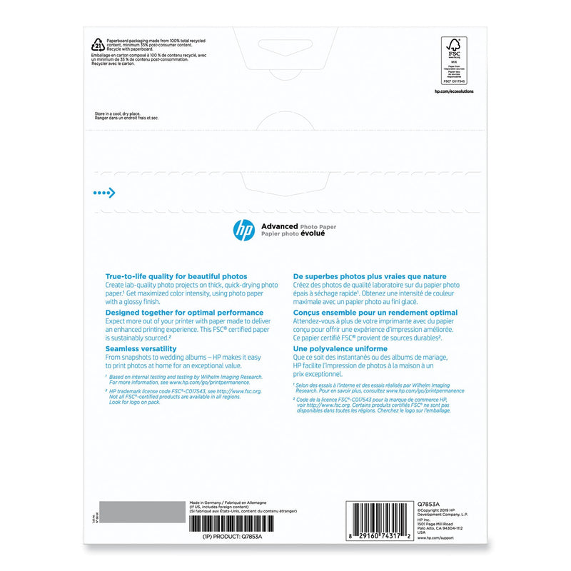 HP Advanced Photo Paper, 10.5 mil, 8.5 x 11, Glossy White, 50/Pack (HEWQ7853A)