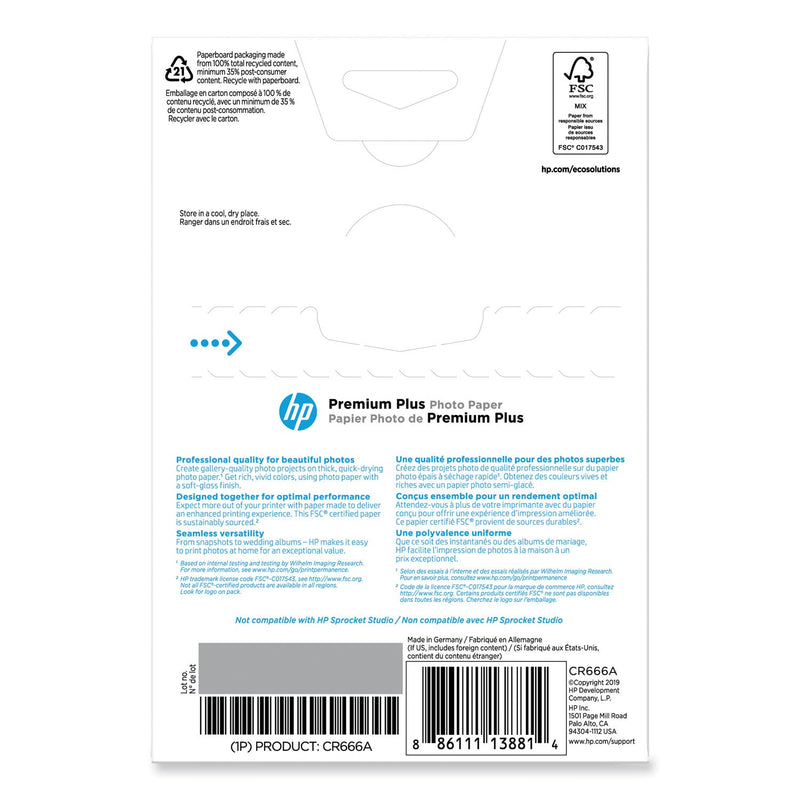 HP Premium Plus Photo Paper, 11.5 mil, 4 x 6, Soft-Gloss White, 100/Pack (HEWCR666A)