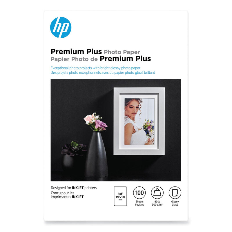 HP Premium Plus Photo Paper, 11.5 mil, 4 x 6, Glossy White, 100/Pack (HEWCR668A)