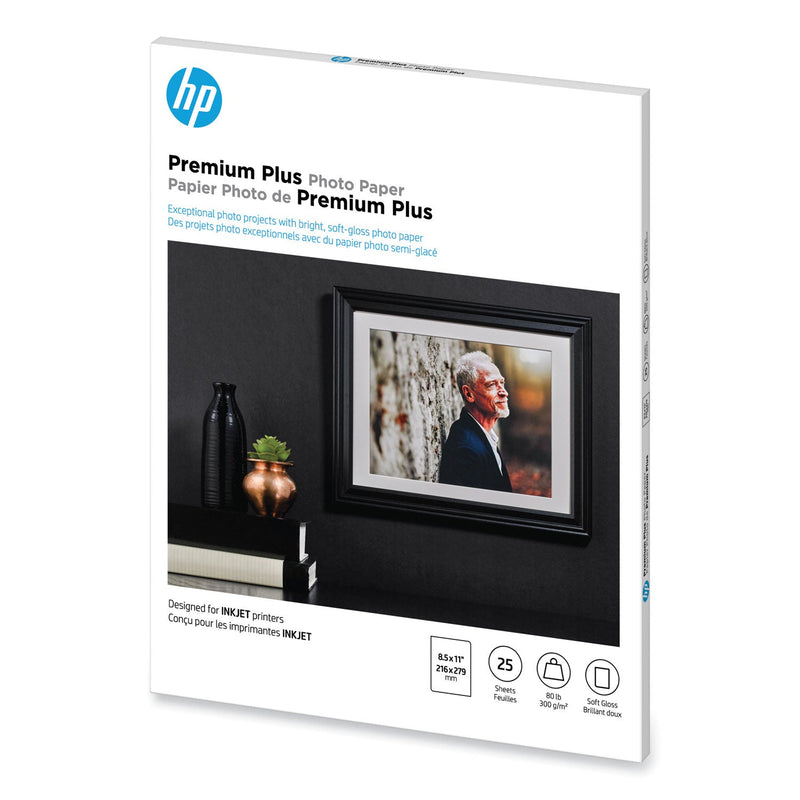 HP Premium Plus Photo Paper, 11.5 mil, 8.5 x 11, Soft-Gloss White, 25/Pack (HEWCR671A)