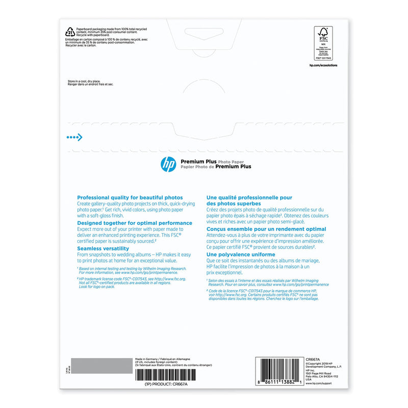 HP Premium Plus Photo Paper, 11.5 mil, 8.5 x 11, Soft-Gloss White, 50/Pack (HEWCR667A)