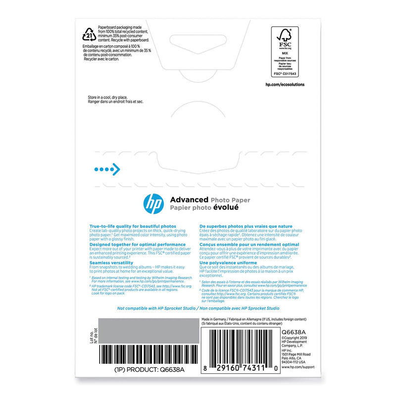 HP Advanced Photo Paper, 10.5 mil, 4 x 6, Glossy White, 100/Pack (HEWQ6638A)