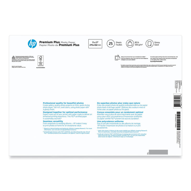 HP Premium Plus Photo Paper, 11.5 mil, 11 x 17, Glossy White, 25/Pack (HEWCV065A)