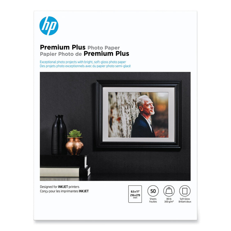 HP Premium Plus Photo Paper, 11.5 mil, 8.5 x 11, Soft-Gloss White, 50/Pack (HEWCR667A)