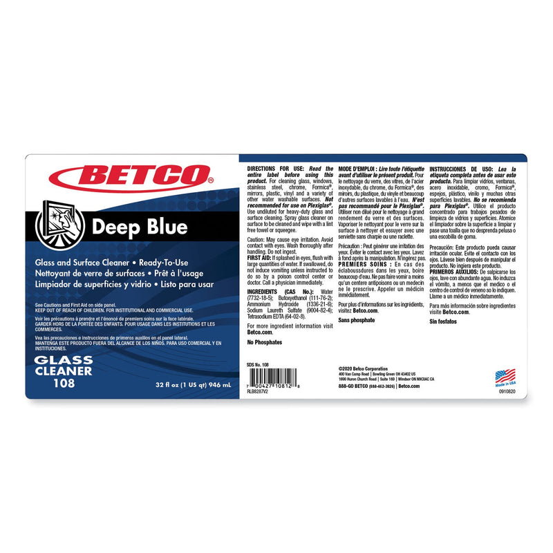 Betco® Deep Blue Glass and Surface Cleaner, Ammonia Scent, 32 oz Bottle, 12/Carton (BET1081200)