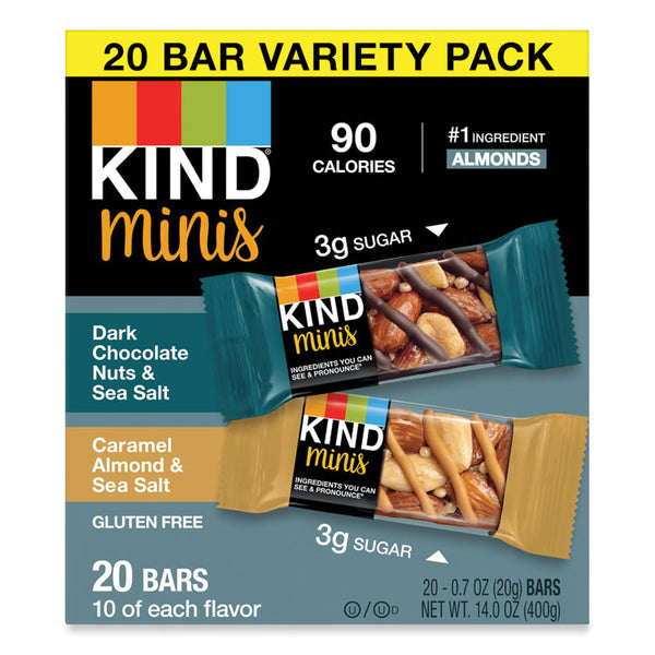 KIND Minis, Dark Chocolate Nuts and Sea Salt/Caramel Almond and Sea Salt, 0.7 oz, 20/Pack (KND27964)