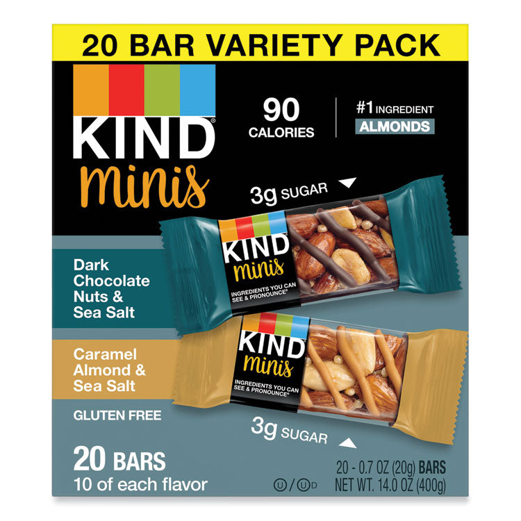 KIND Minis, Dark Chocolate Nuts and Sea Salt/Caramel Almond and Sea Salt, 0.7 oz, 20/Pack (KND27964)