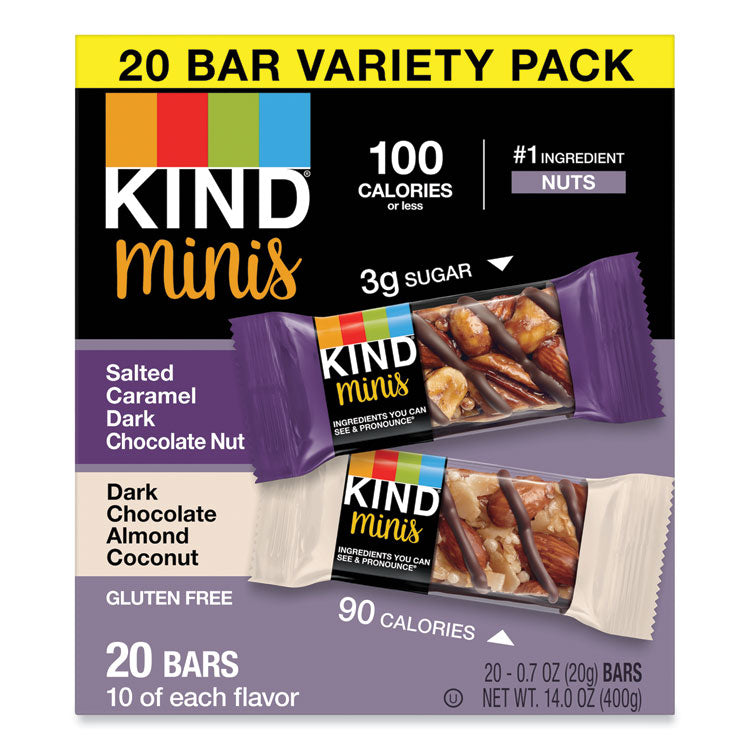 KIND Minis, Salted Caramel and Dark Chocolate Nut/Dark Chocolate Almond and Coconut, 0.7 oz, 20/Pack (KND27970)