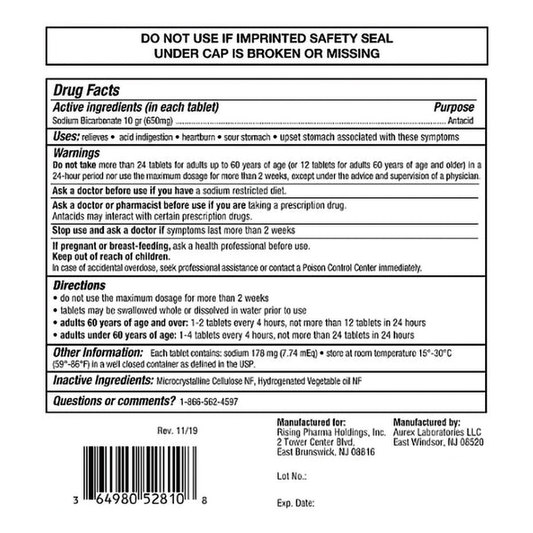 Rising Pharmaceuticals Sodium Bicarbonate 650 mg Tablet 1,000 Tablets (1171950_BT) 1/BT