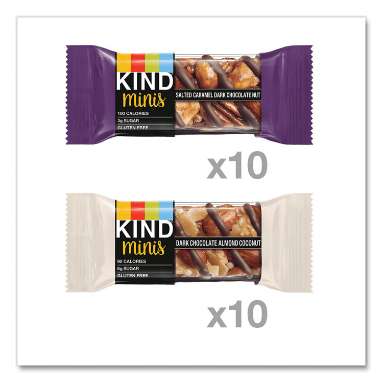 KIND Minis, Salted Caramel and Dark Chocolate Nut/Dark Chocolate Almond and Coconut, 0.7 oz, 20/Pack (KND27970)