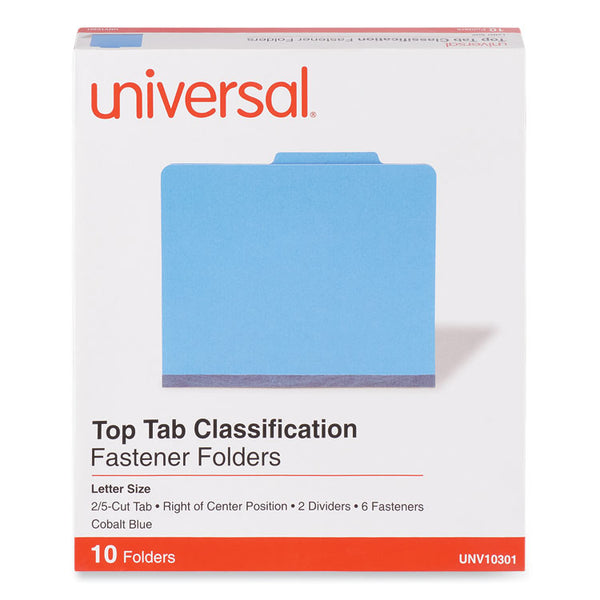 Universal® Bright Colored Pressboard Classification Folders, 2" Expansion, 2 Dividers, 6 Fasteners, Letter Size, Cobalt Blue, 10/Box (UNV10301)