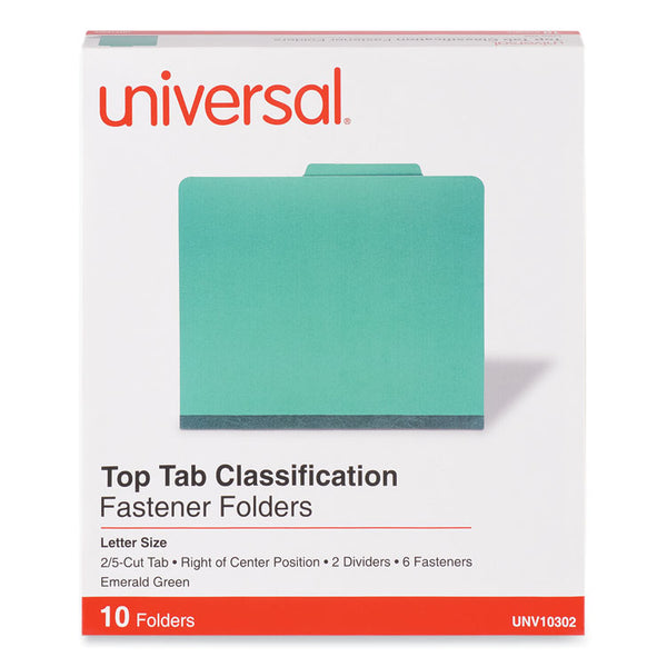 Universal® Bright Colored Pressboard Classification Folders, 2" Expansion, 2 Dividers, 6 Fasteners, Letter Size, Emerald Green, 10/Box (UNV10302)