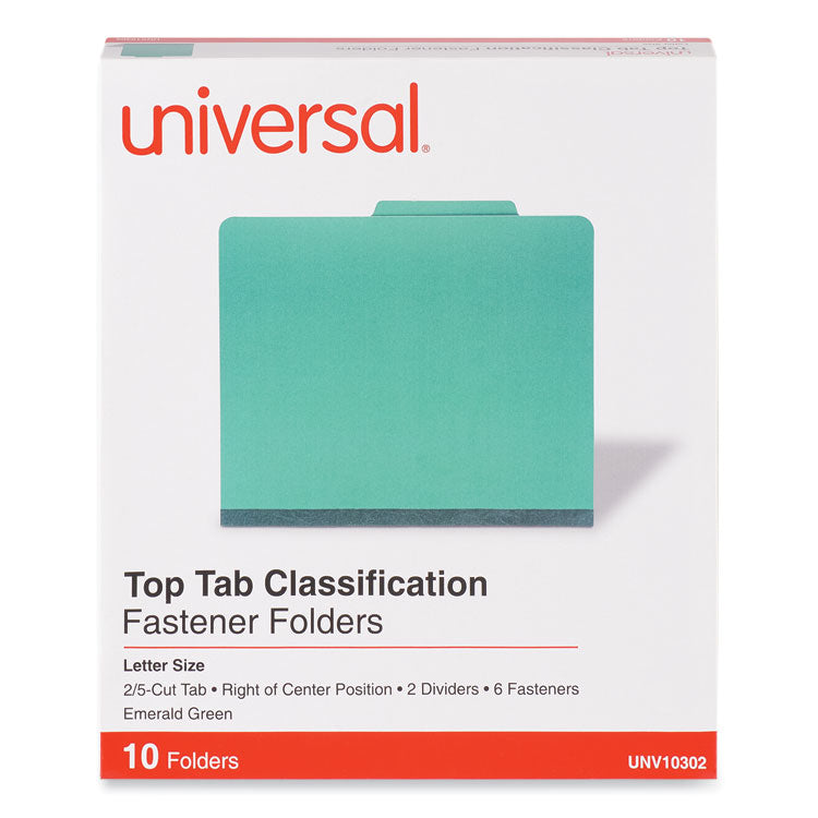 Universal® Bright Colored Pressboard Classification Folders, 2" Expansion, 2 Dividers, 6 Fasteners, Letter Size, Emerald Green, 10/Box (UNV10302) Each