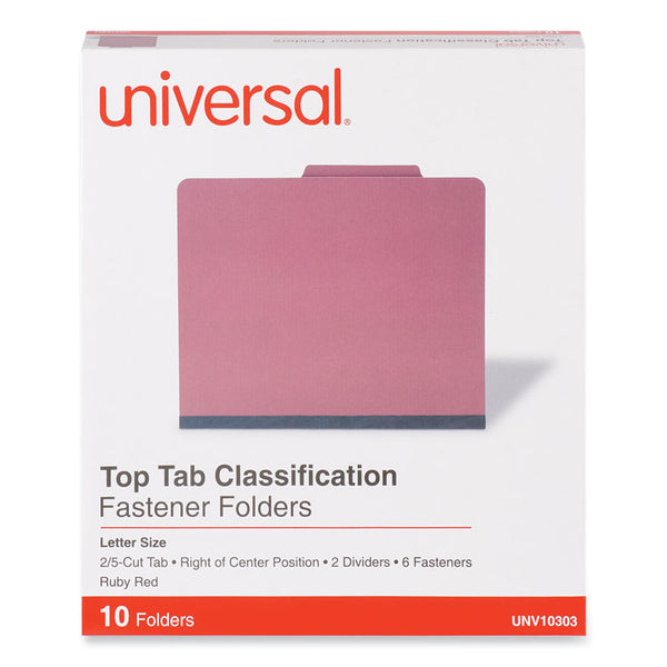 Universal® Bright Colored Pressboard Classification Folders, 2" Expansion, 2 Dividers, 6 Fasteners, Letter Size, Ruby Red, 10/Box (UNV10303)