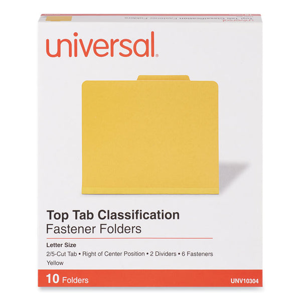 Universal® Bright Colored Pressboard Classification Folders, 2" Expansion, 2 Dividers, 6 Fasteners, Letter Size, Yellow Exterior, 10/Box (UNV10304)