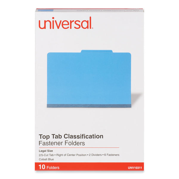 Universal® Bright Colored Pressboard Classification Folders, 2" Expansion, 2 Dividers, 6 Fasteners, Legal Size, Cobalt Blue, 10/Box (UNV10311)
