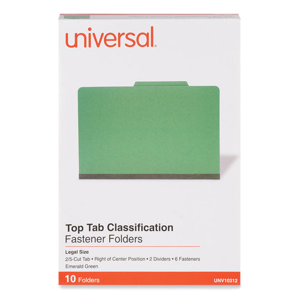 Universal® Bright Colored Pressboard Classification Folders, 2" Expansion, 2 Dividers, 6 Fasteners, Legal Size, Emerald Green, 10/Box (UNV10312)