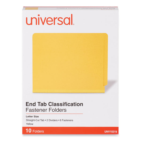 Universal® Deluxe Six-Section Pressboard End Tab Classification Folders, 2 Dividers, 6 Fasteners, Letter Size, Yellow, 10/Box (UNV10319)