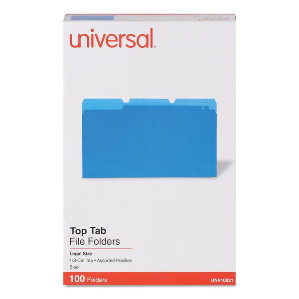 Universal® Deluxe Colored Top Tab File Folders, 1/3-Cut Tabs: Assorted, Legal Size, Blue/Light Blue, 100/Box (UNV10521)