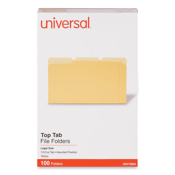 Universal® Deluxe Colored Top Tab File Folders, 1/3-Cut Tabs: Assorted, Legal Size, Yellow/Light Yellow, 100/Box (UNV10524)