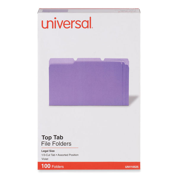 Universal® Deluxe Colored Top Tab File Folders, 1/3-Cut Tabs: Assorted, Legal Size, Violet/Light Violet, 100/Box (UNV10525)