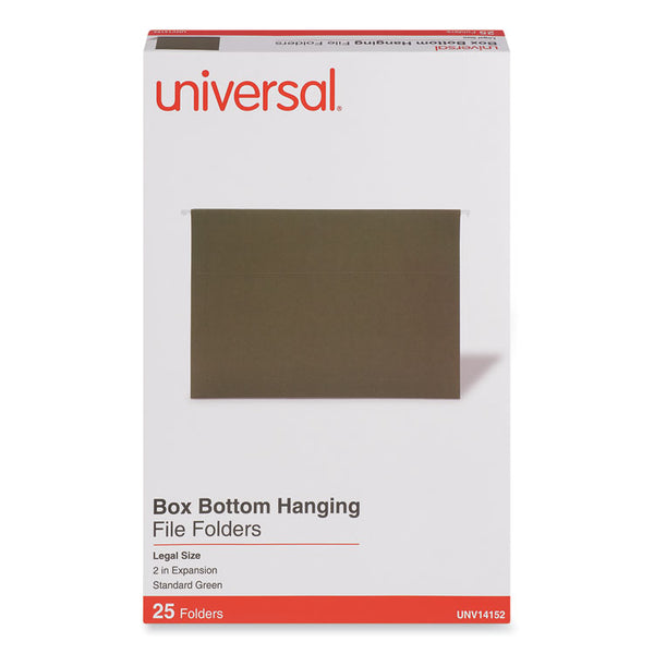 Universal® Box Bottom Hanging File Folders, 2" Capacity, Legal Size, 1/5-Cut Tabs, Standard Green, 25/Box (UNV14152)