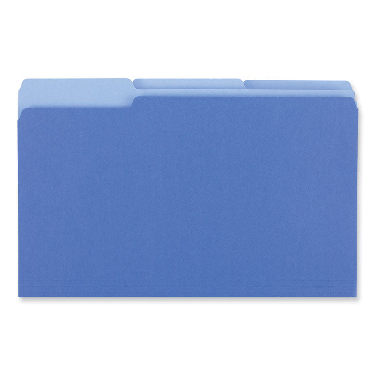 Universal® Interior File Folders, 1/3-Cut Tabs: Assorted, Legal Size, 11-pt Stock, Blue, 100/Box (UNV15301) Box of 100
