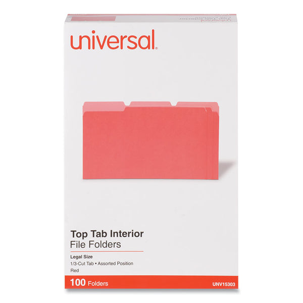 Universal® Interior File Folders, 1/3-Cut Tabs: Assorted, Legal Size, 11-pt Stock, Red, 100/Box (UNV15303)