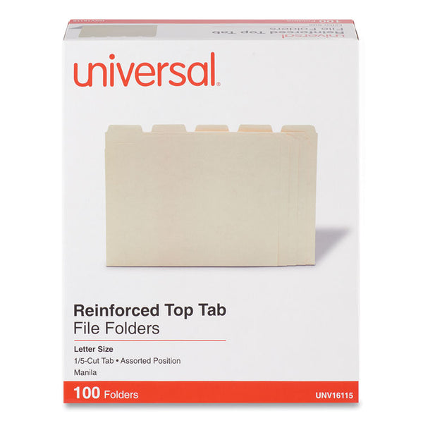 Universal® Double-Ply Top Tab Manila File Folders, 1/5-Cut Tabs: Assorted, Letter Size, 0.75" Expansion, Manila, 100/Box (UNV16115)