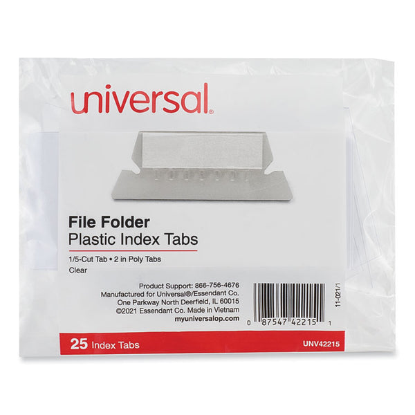 Universal® Hanging File Folder Plastic Index Tabs, 1/5-Cut, Clear, 2.25" Wide, 25/Pack (UNV42215)