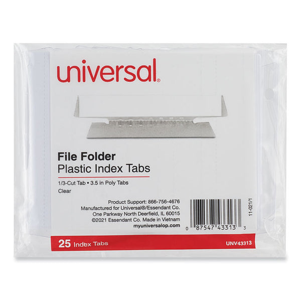 Universal® Hanging File Folder Plastic Index Tabs, 1/3-Cut, Clear, 3.7" Wide, 25/Pack (UNV43313)