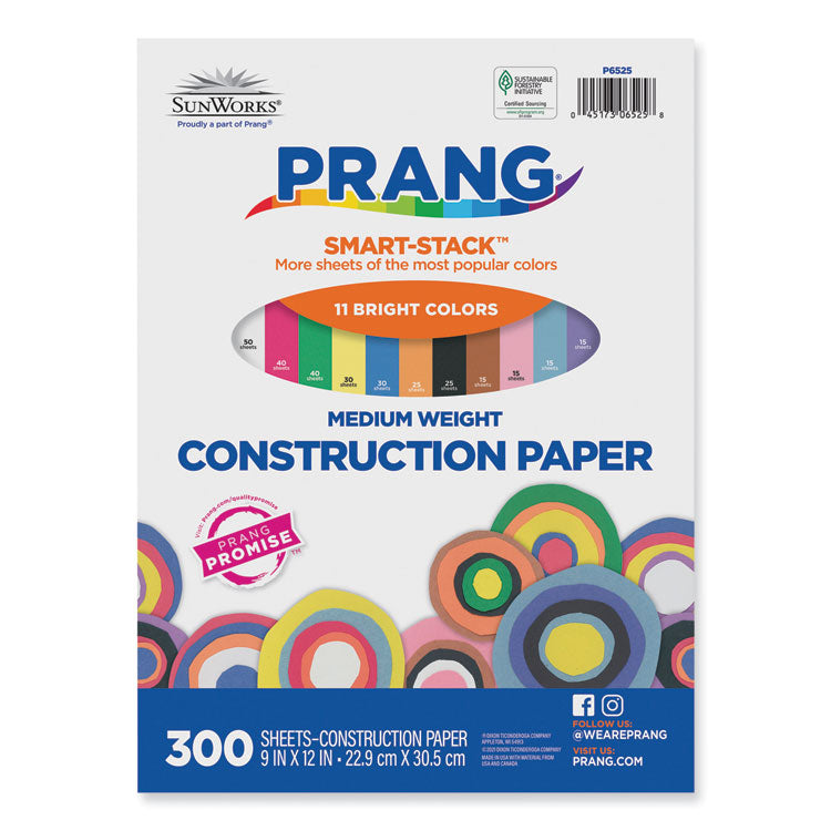 Prang® SunWorks Construction Paper Smart-Stack, 50 lb Text Weight, 9 x 12, Assorted, 300/Pack (PAC6525) Pack of 300