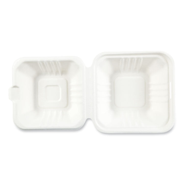 Boardwalk® Bagasse PFAS-Free Food Containers, 1-Compartment, 6 x 6 x 3.19, White, Bamboo/Sugarcane, 500/Carton (BWKHINGE66NPFA)