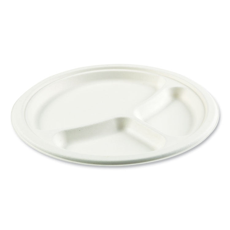Boardwalk® Bagasse PFAS-Free Dinnerware, Plate, 10" dia, 3-Compartment, White, 500/Carton (BWKPLT3C10NPFA)