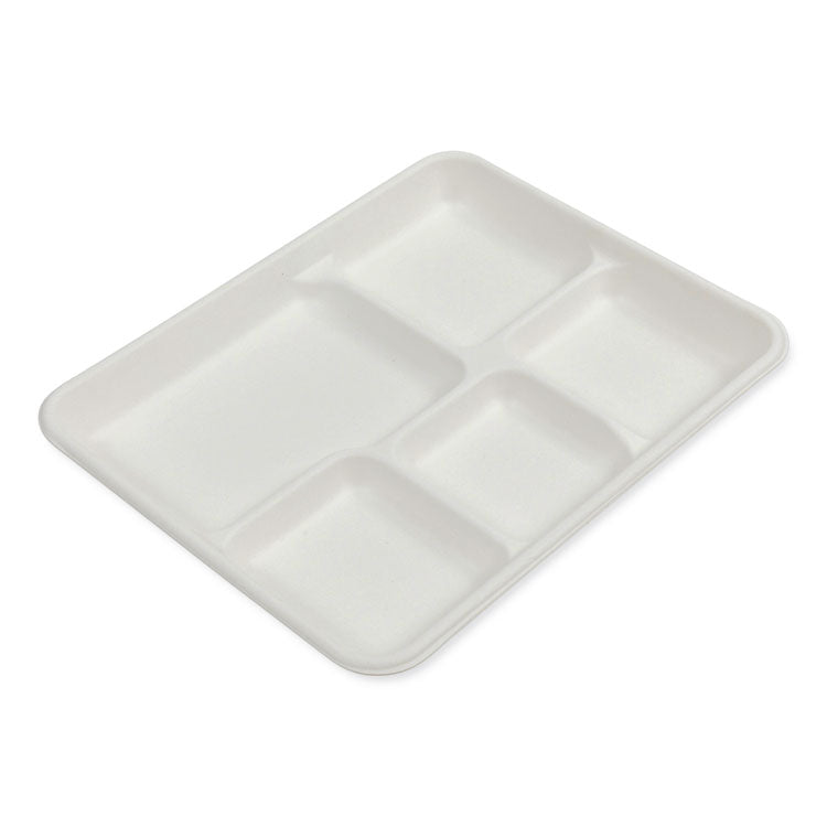 Boardwalk® Bagasse PFAS-Free Food Tray, 5-Compartment, 8.26 x 0.98 x 10.9, White, Bamboo/Sugarcane, 500/Carton (BWKTRAY128NPFA) Case of 500