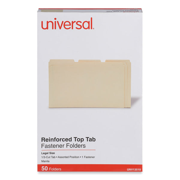 Universal® Reinforced Top Tab Fastener Folders, 0.75" Expansion, 1 Fastener, Legal Size, Manila Exterior, 50/Box (UNV13510)