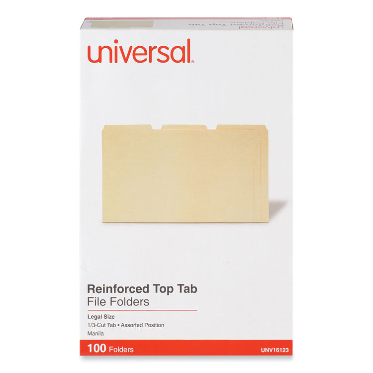 Universal® Double-Ply Top Tab Manila File Folders, 1/3-Cut Tabs: Assorted, Legal Size, 0.75" Expansion, Manila, 100/Box (UNV16123) Box of 100